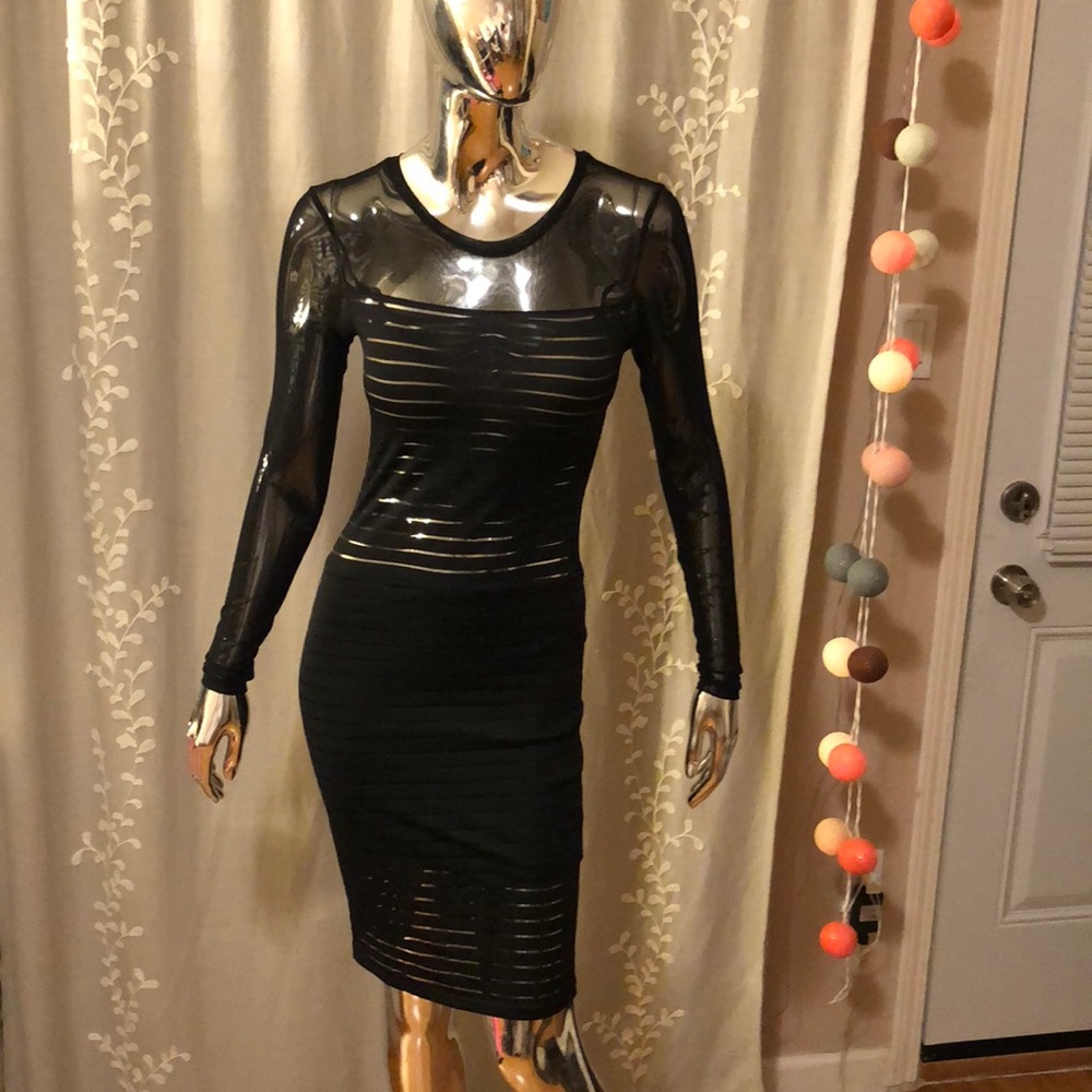 Black Long Sleeve Mesh Striped Dress